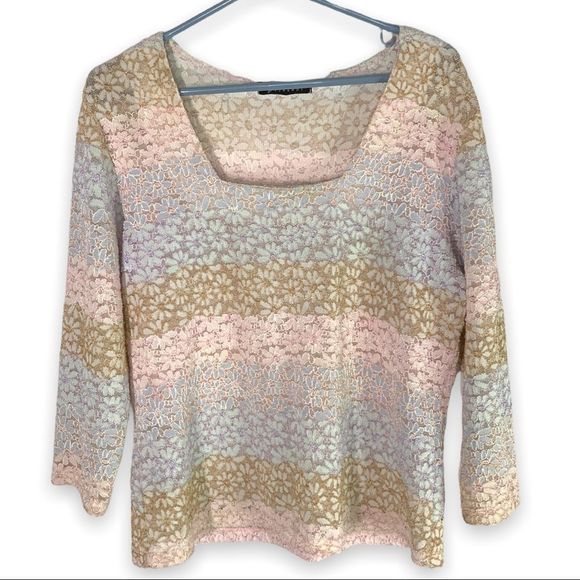 Vivendi Womens L Floral Mesh Lace Blouse - Multicolor Pastel Striped Top Flowers - Picture 1 of 5